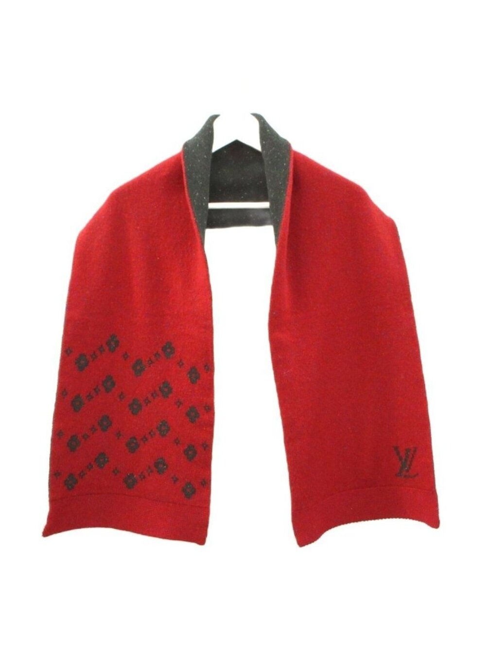 Louis Vuitton Knit Scarf Shawl LV Monogram Flower Wool Cashmere Red Sweater